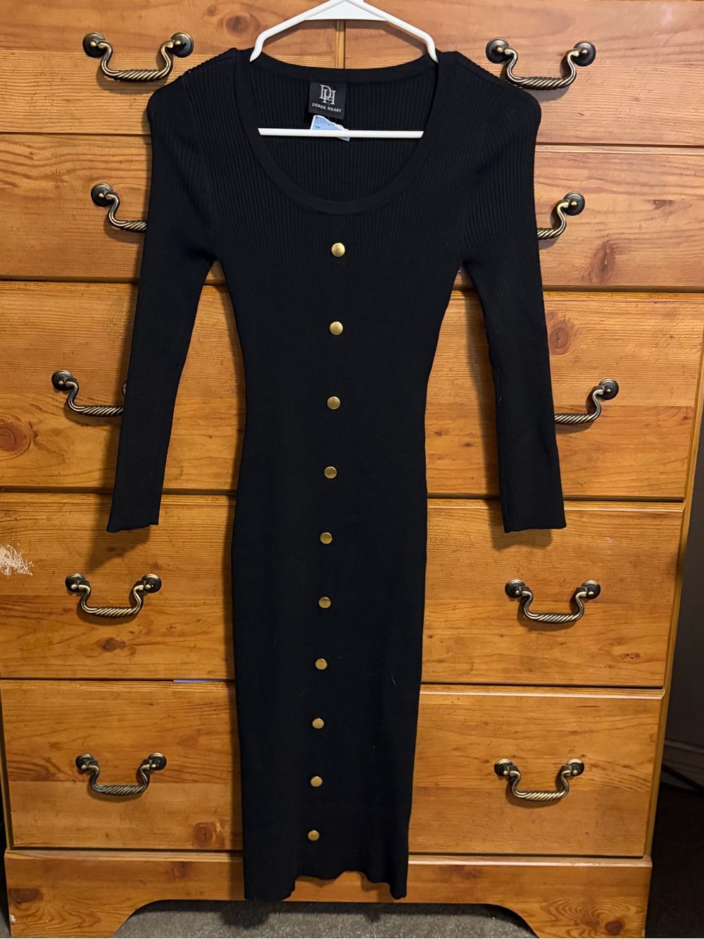Derek Heart Black Ribbed Midi Dress with Gold Buttons